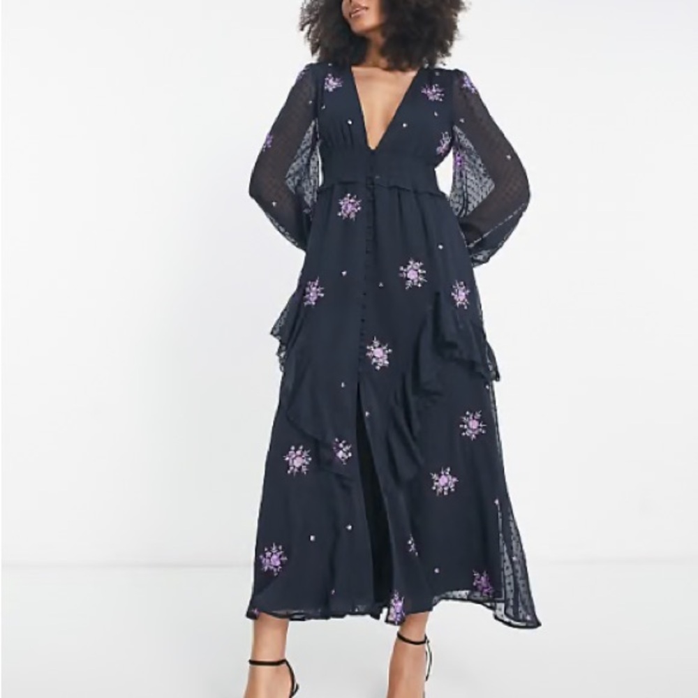 Black Maxi Button Dress 4 Tiered Embroidered Whimsigoth Flowy Boho Fairy Grunge